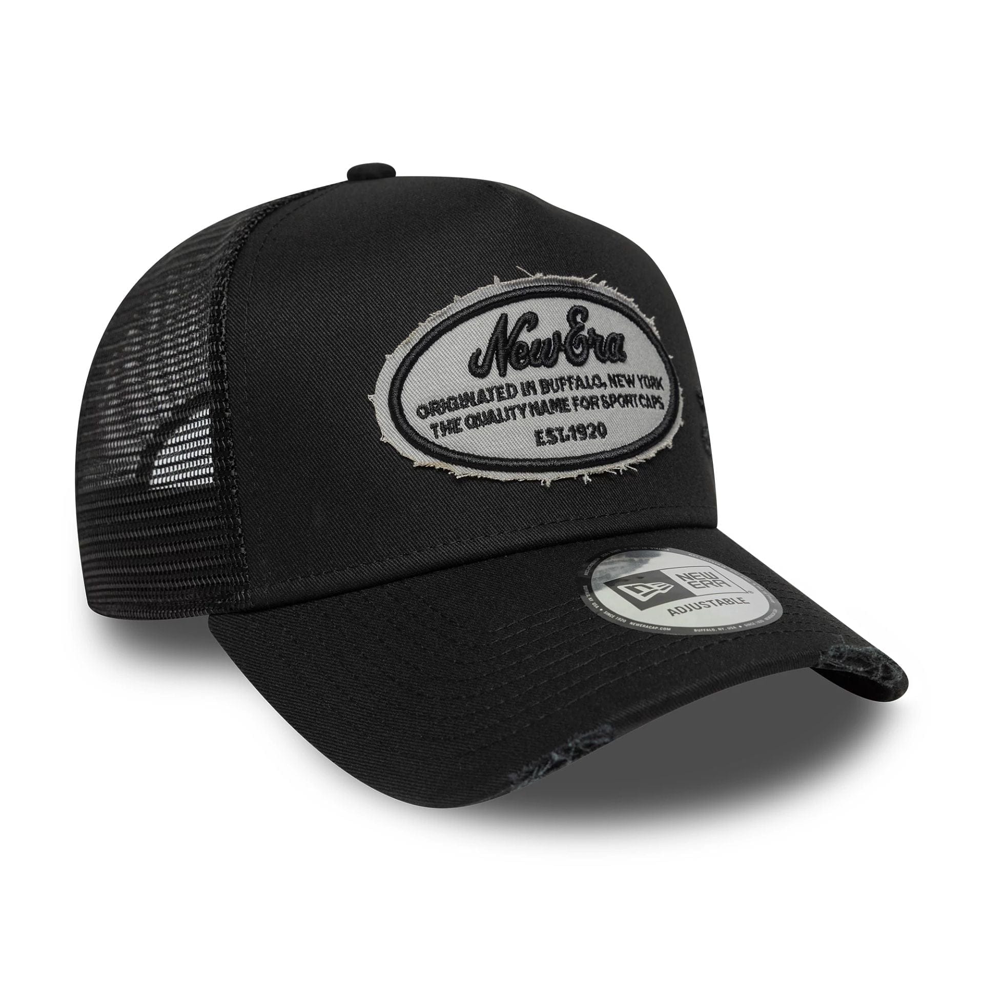This is a New Era Distressed Oval Patch Black 9FORTY A-Frame Trucker Adjustable Cap 3