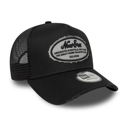 This is a New Era Distressed Oval Patch Black 9FORTY A-Frame Trucker Adjustable Cap 3