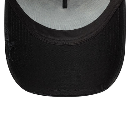 This is a New Era Distressed Oval Patch Black 9FORTY A-Frame Trucker Adjustable Cap 5