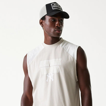 The Male model is wearing New York Yankees MLB Cream Sleeveless T-Shirt 3