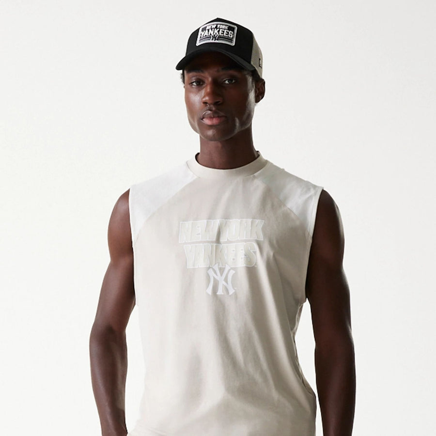The Male model is wearing New York Yankees MLB Cream Sleeveless T-Shirt 6