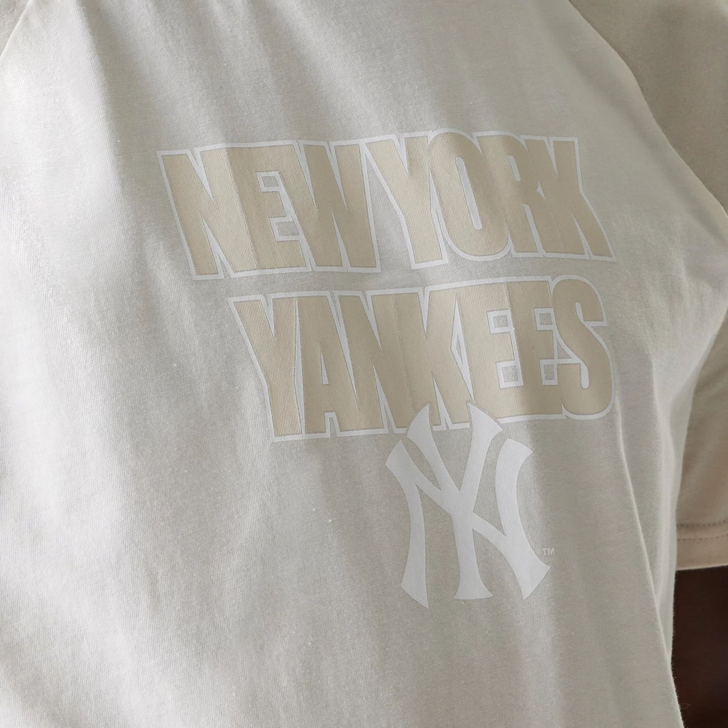 The Male model is wearing New York Yankees MLB Raglan Open White Oversized T-Shirt 4