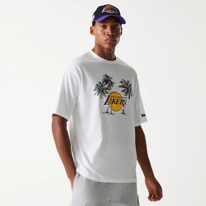 The Male model is wearing LA Lakers NBA Palm Tree White Oversized T-Shirt 1