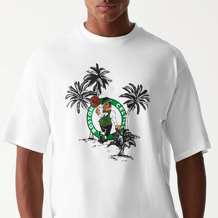 The Male model is wearing Boston Celtics NBA Palm Tree Open White Oversized T-Shirt 3