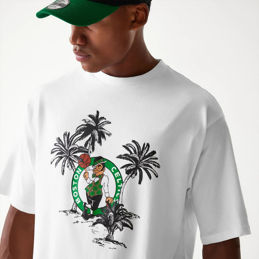 The Male model is wearing Boston Celtics NBA Palm Tree Open White Oversized T-Shirt 4