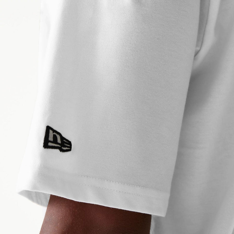 The Male model is wearing Boston Celtics NBA Palm Tree Open White Oversized T-Shirt 5