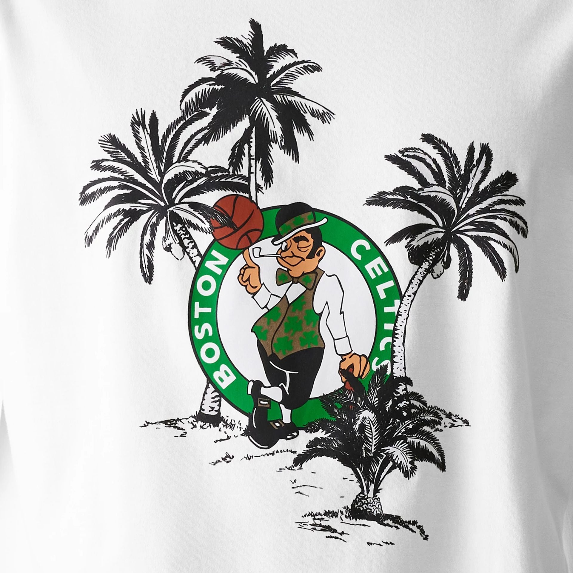 The Male model is wearing Boston Celtics NBA Palm Tree Open White Oversized T-Shirt 6