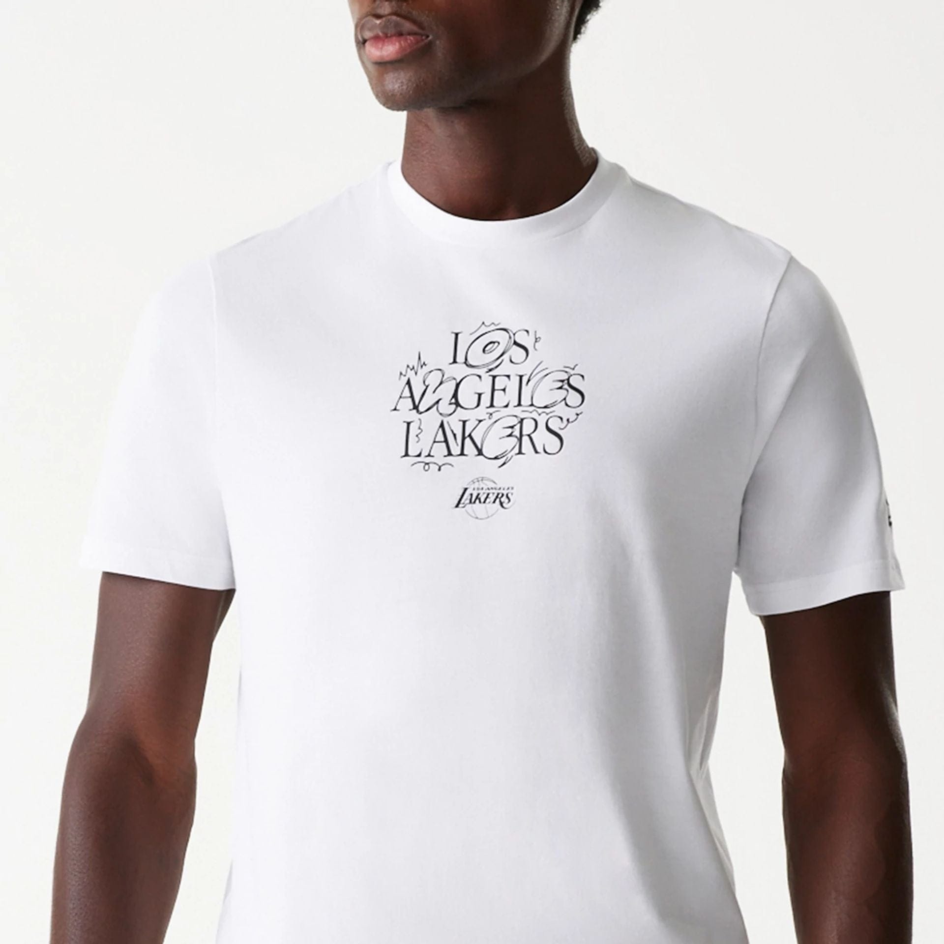The Male model is wearing LA Lakers NBA Court Graphic White T-Shirt 5