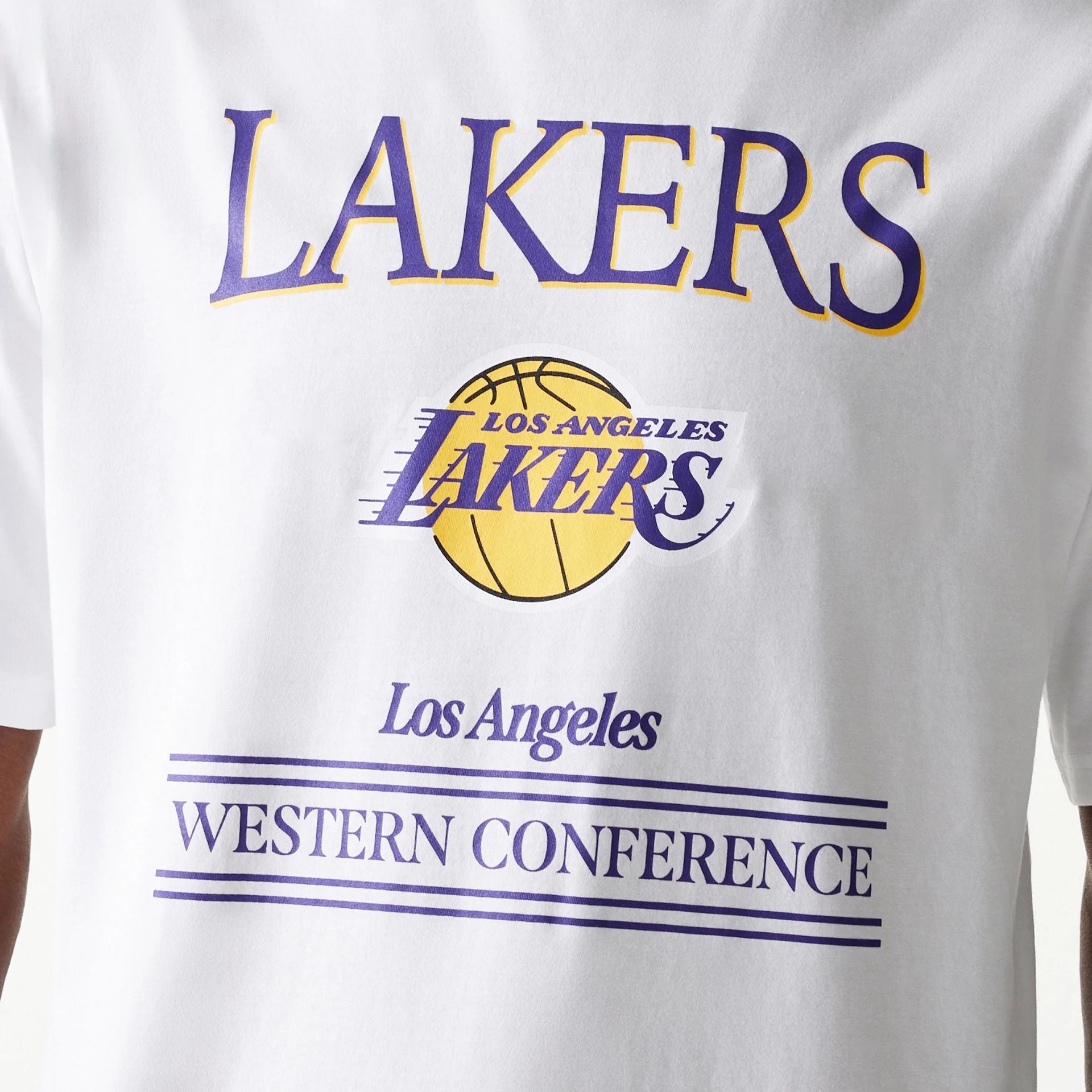 The Male model is wearing LA Lakers NBA Team Graphic White Oversized T-Shirt 5