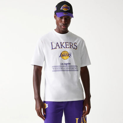 The Male model is wearing LA Lakers NBA Team Graphic White Oversized T-Shirt 3