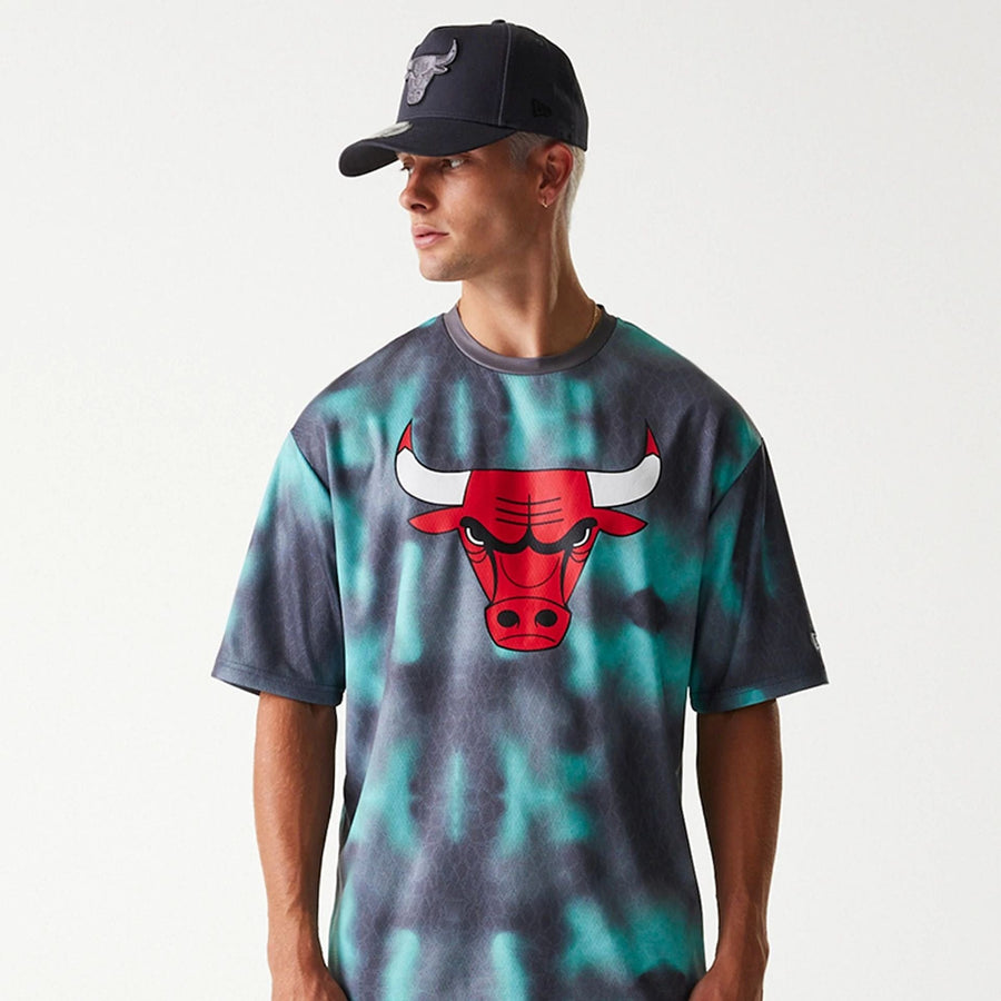 The Male model is wearing Chicago Bulls NBA All Over Print Green Oversized T-Shirt 3
