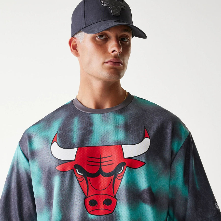 The Male model is wearing Chicago Bulls NBA All Over Print Green Oversized T-Shirt 6