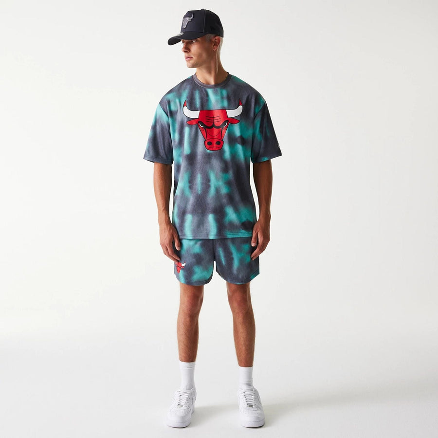 The Male model is wearing Chicago Bulls NBA All Over Print Green Oversized T-Shirt 8