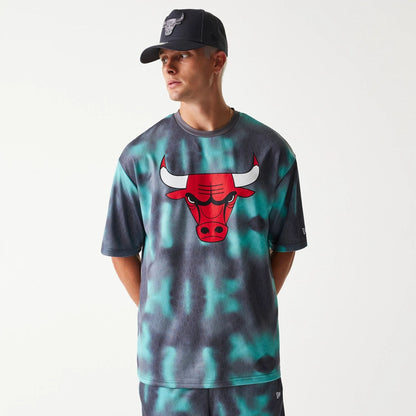 The Male model is wearing Chicago Bulls NBA All Over Print Green Oversized T-Shirt 1