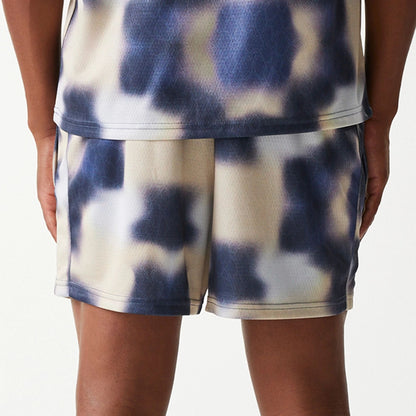 The Male model is wearing LA Lakers NBA All Over Print Cream Shorts 7