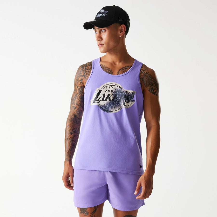 The Male model is wearing LA Lakers NBA All Over Print Infill Purple Vest Top 1