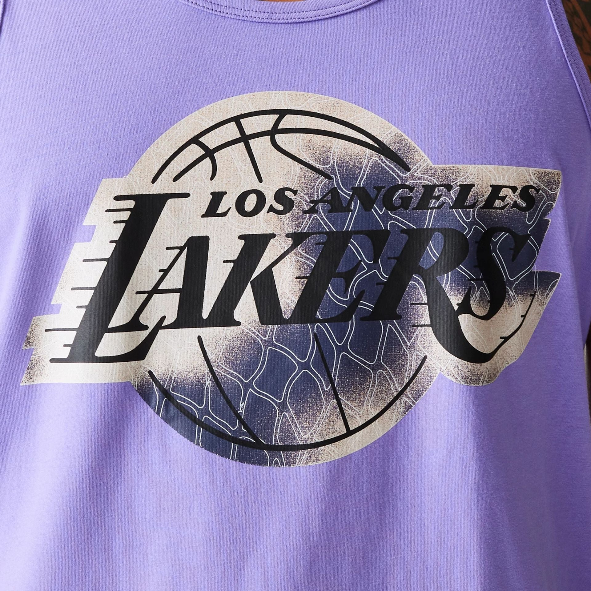 The Male model is wearing LA Lakers NBA All Over Print Infill Purple Vest Top 6