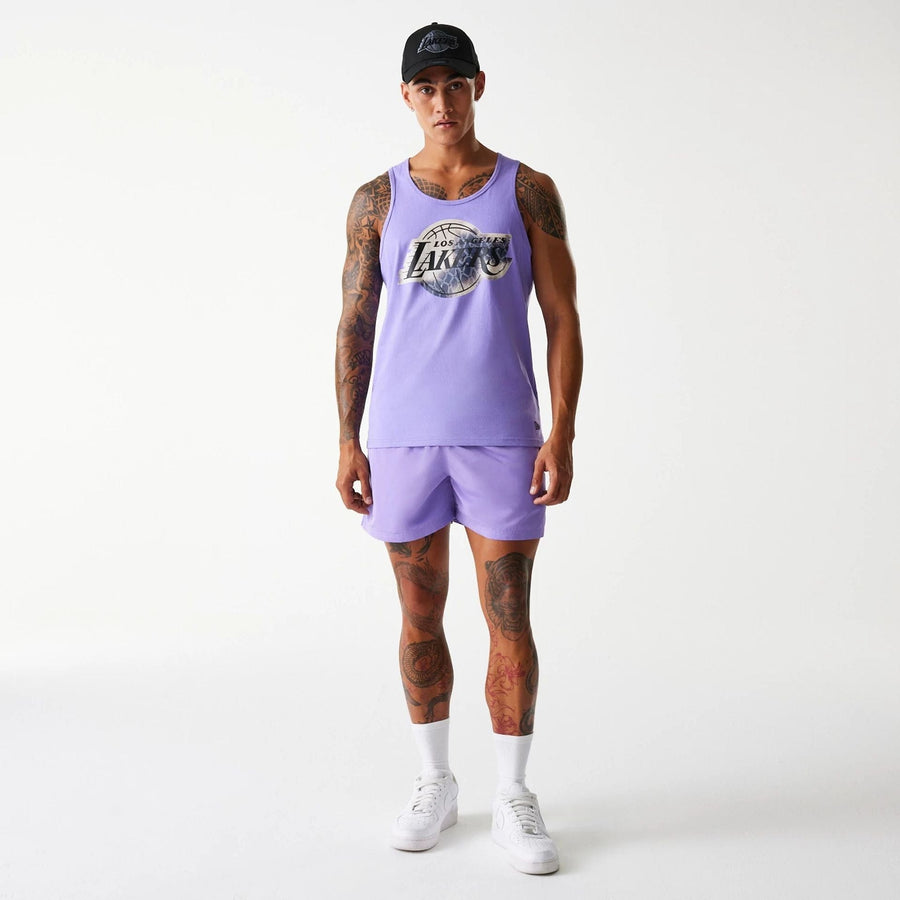 The Male model is wearing LA Lakers NBA All Over Print Infill Purple Vest Top 8