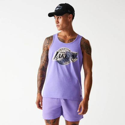 The Male model is wearing LA Lakers NBA All Over Print Infill Purple Vest Top 1