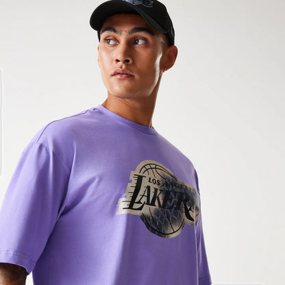 The Male model is wearing LA Lakers NBA All Over Print Infill Purple Oversized T-Shirt 5