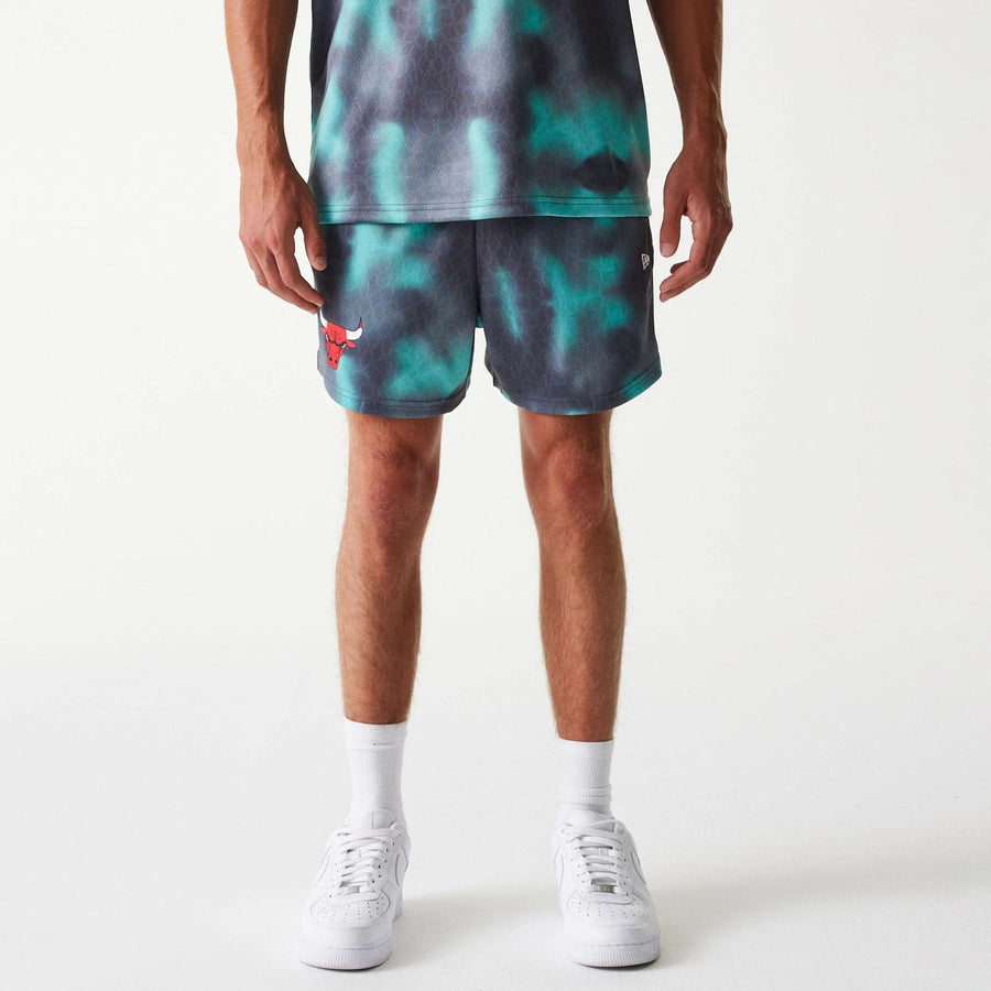 The Male model is wearing Chicago Bulls NBA All Over Print Green Shorts 1