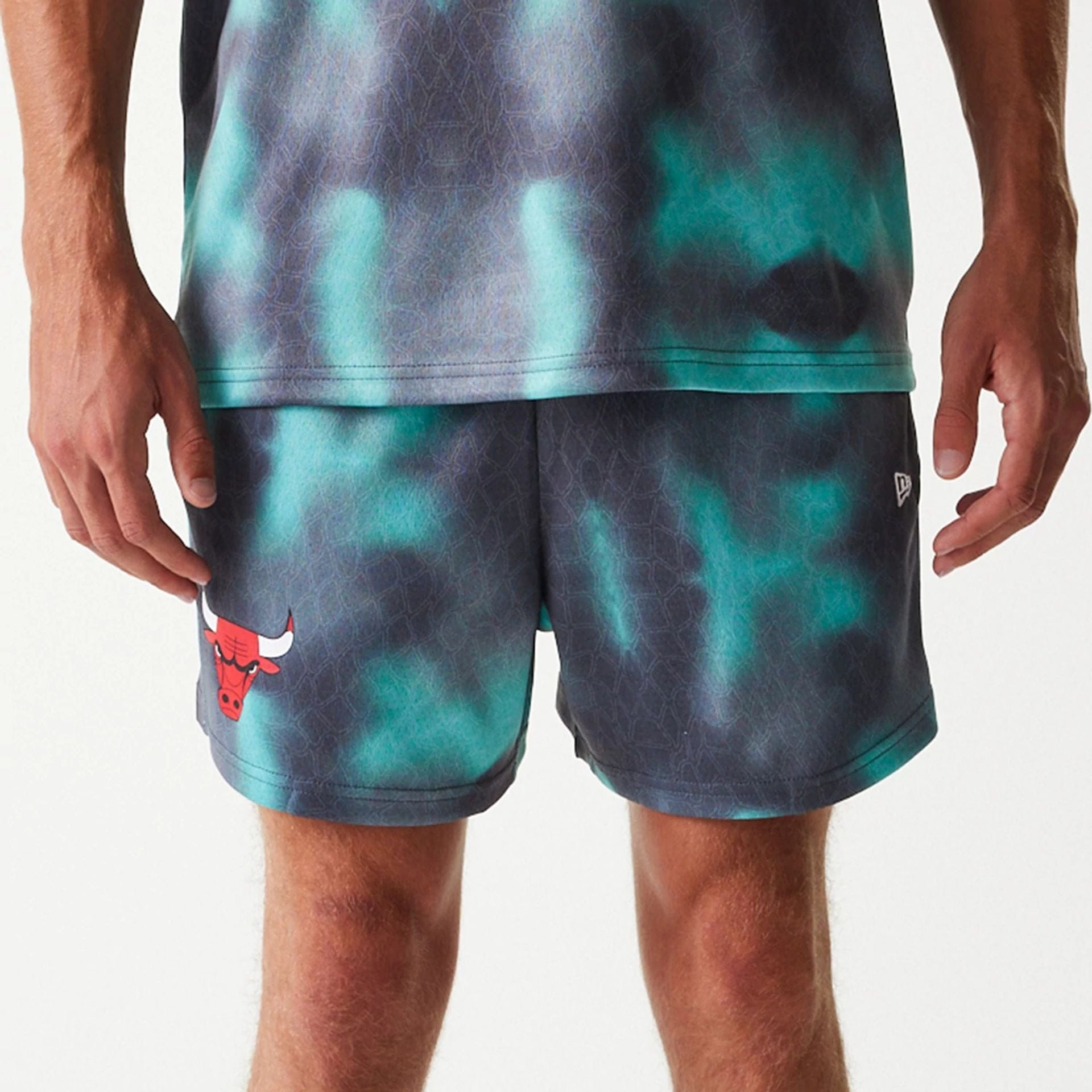 The Male model is wearing Chicago Bulls NBA All Over Print Green Shorts 3