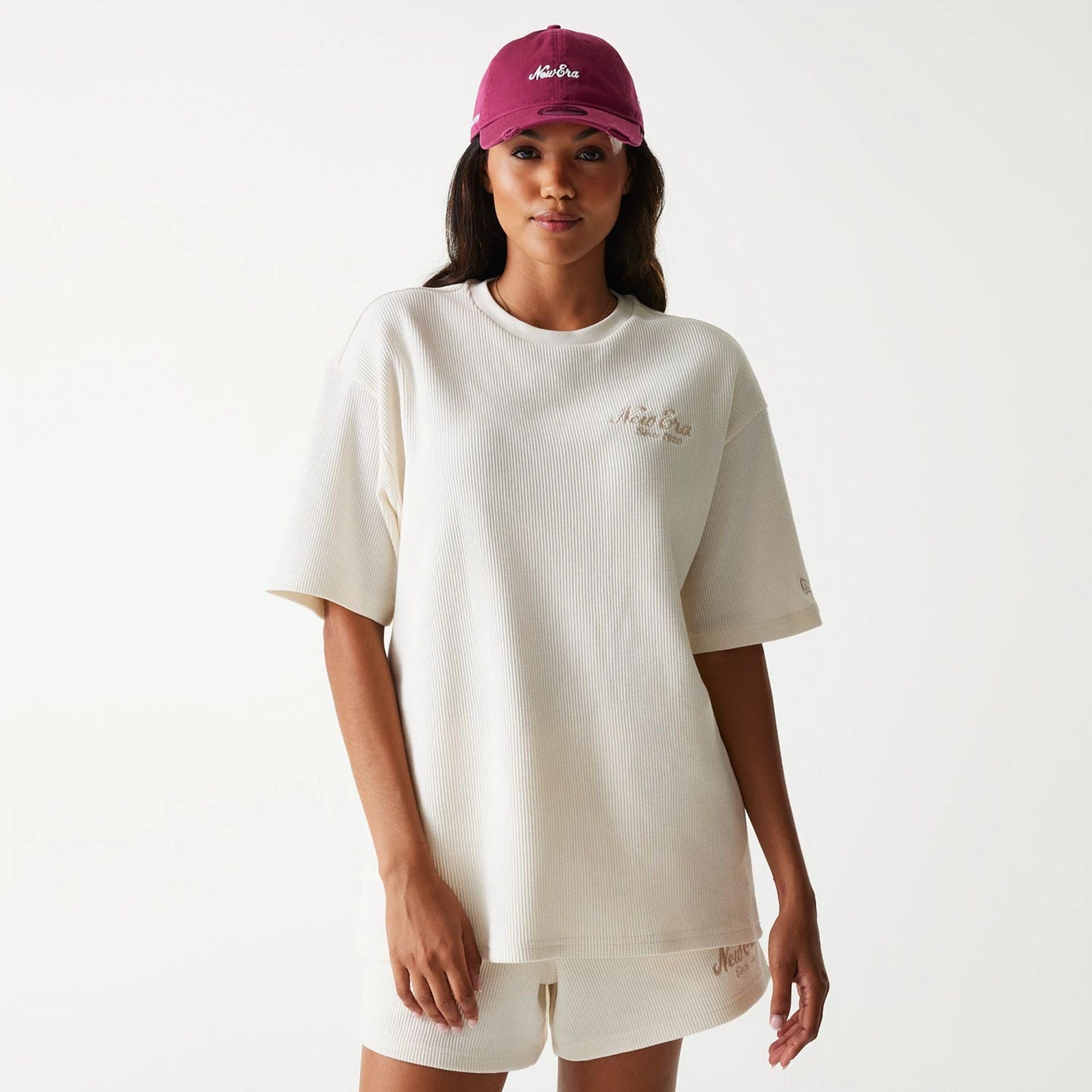 The Male model is wearing New Era Waffle Open White Oversized T-Shirt 4