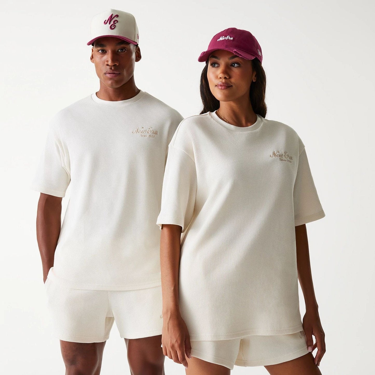 The Male model is wearing New Era Waffle Open White Oversized T-Shirt 1
