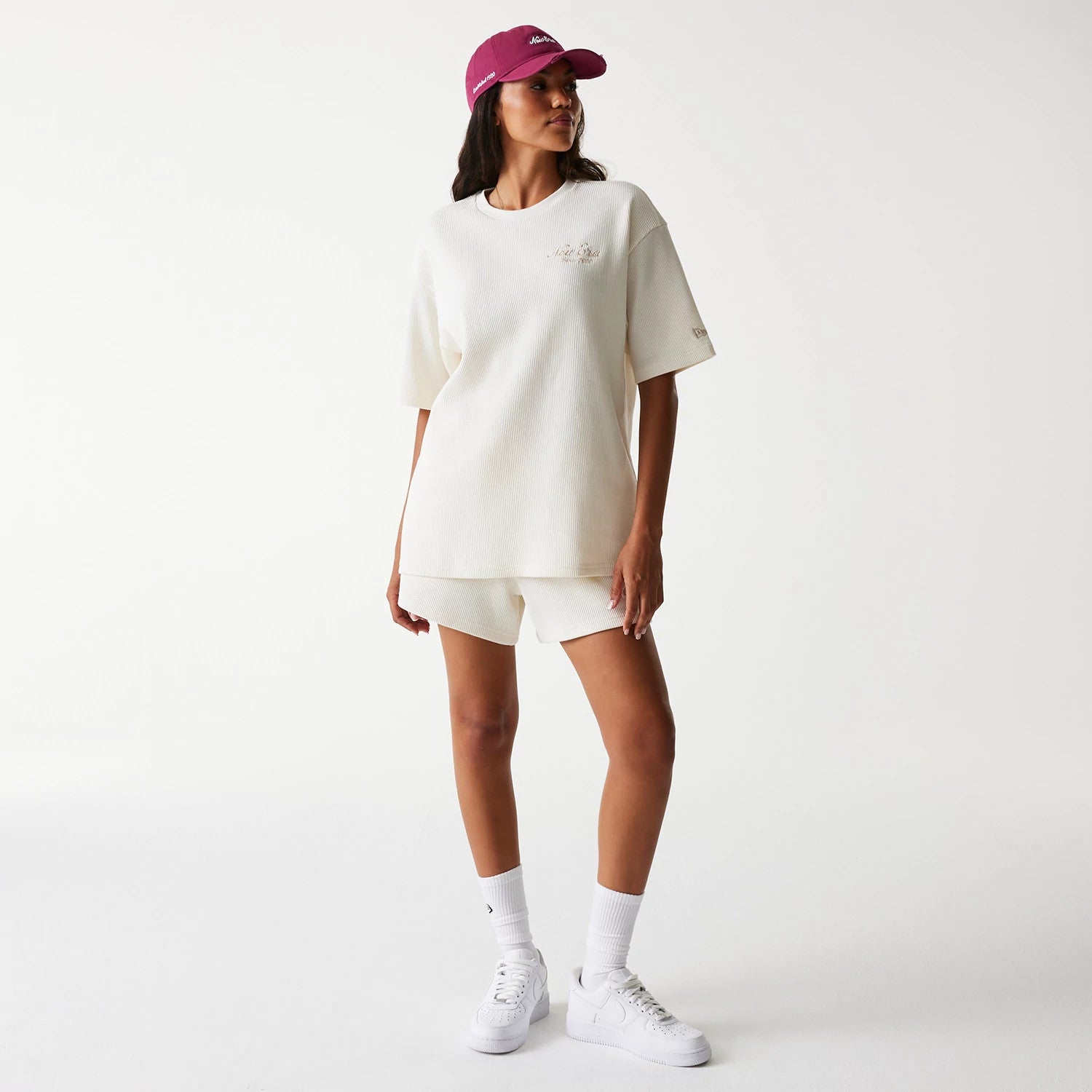 The Male model is wearing New Era Waffle Open White Oversized T-Shirt 6