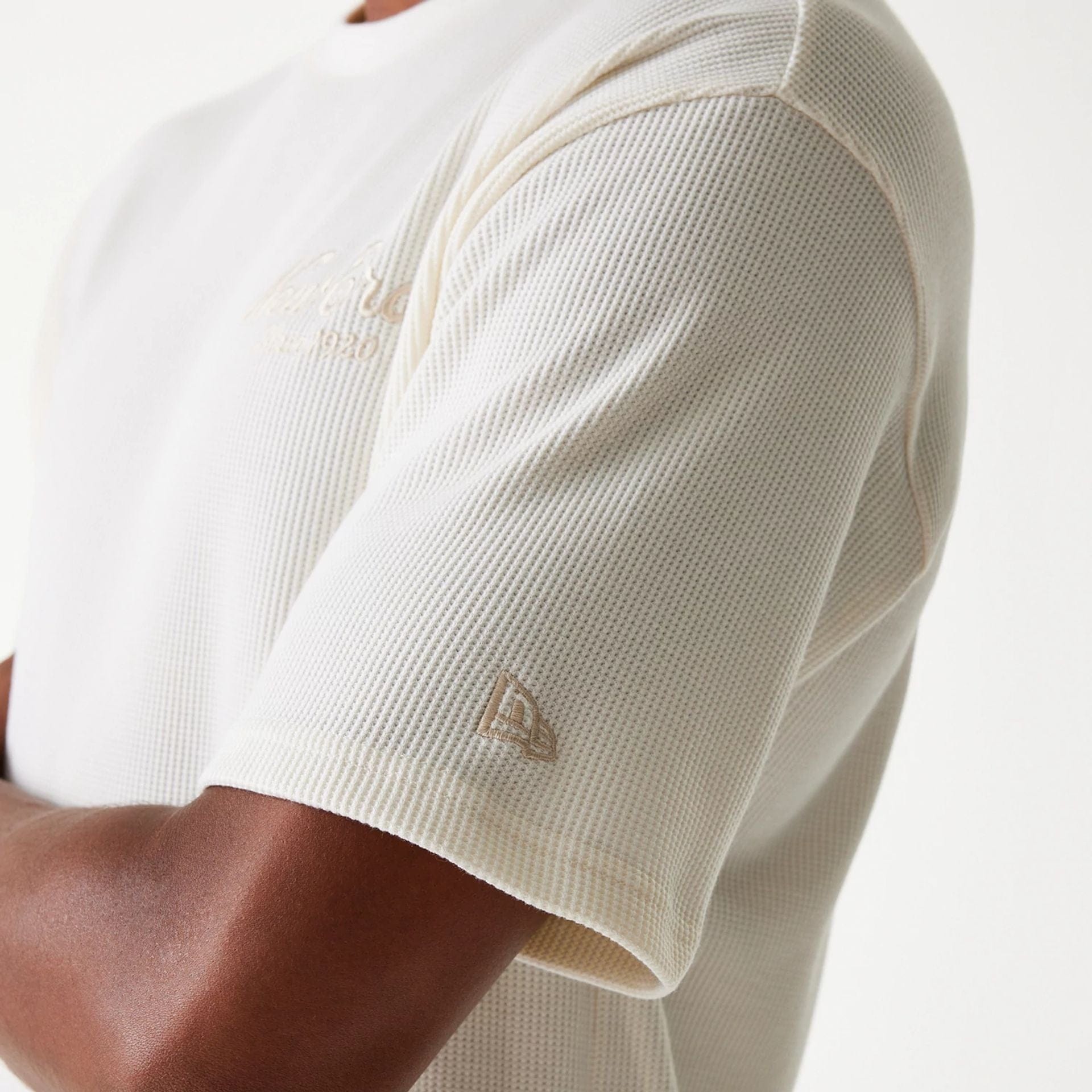 The Male model is wearing New Era Waffle Open White Oversized T-Shirt 8