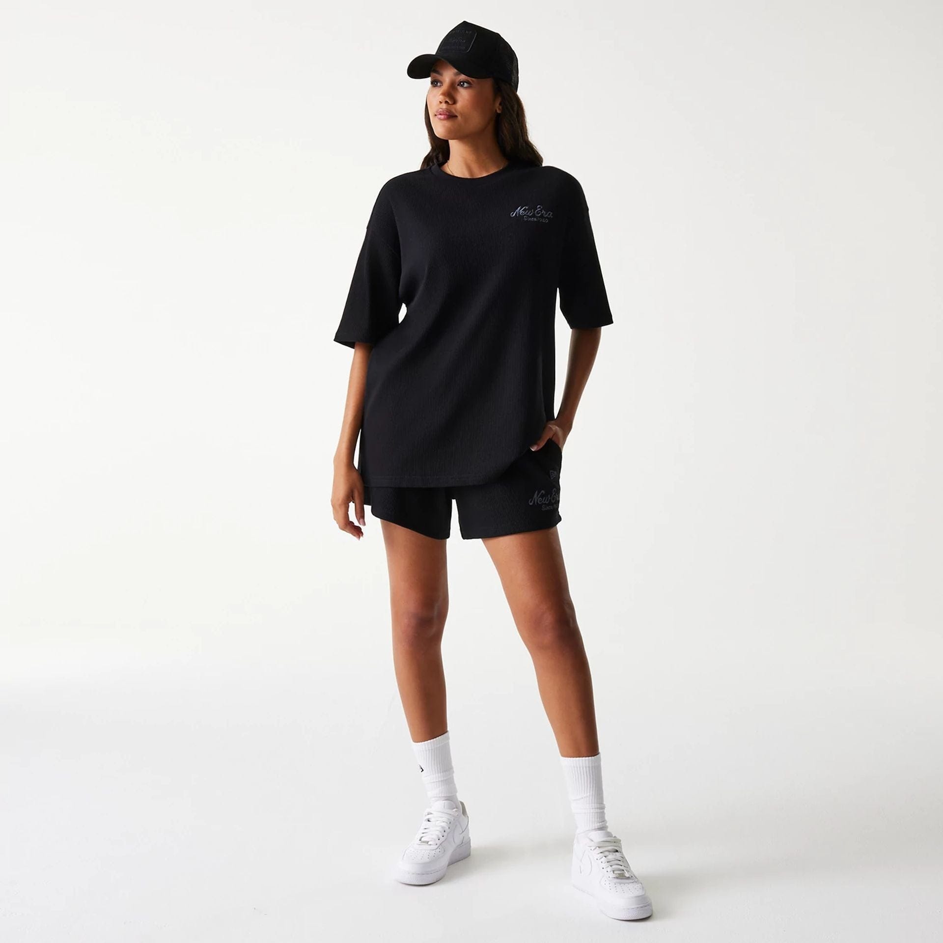 The Male model is wearing New Era Waffle Black Oversized T-Shirt 6