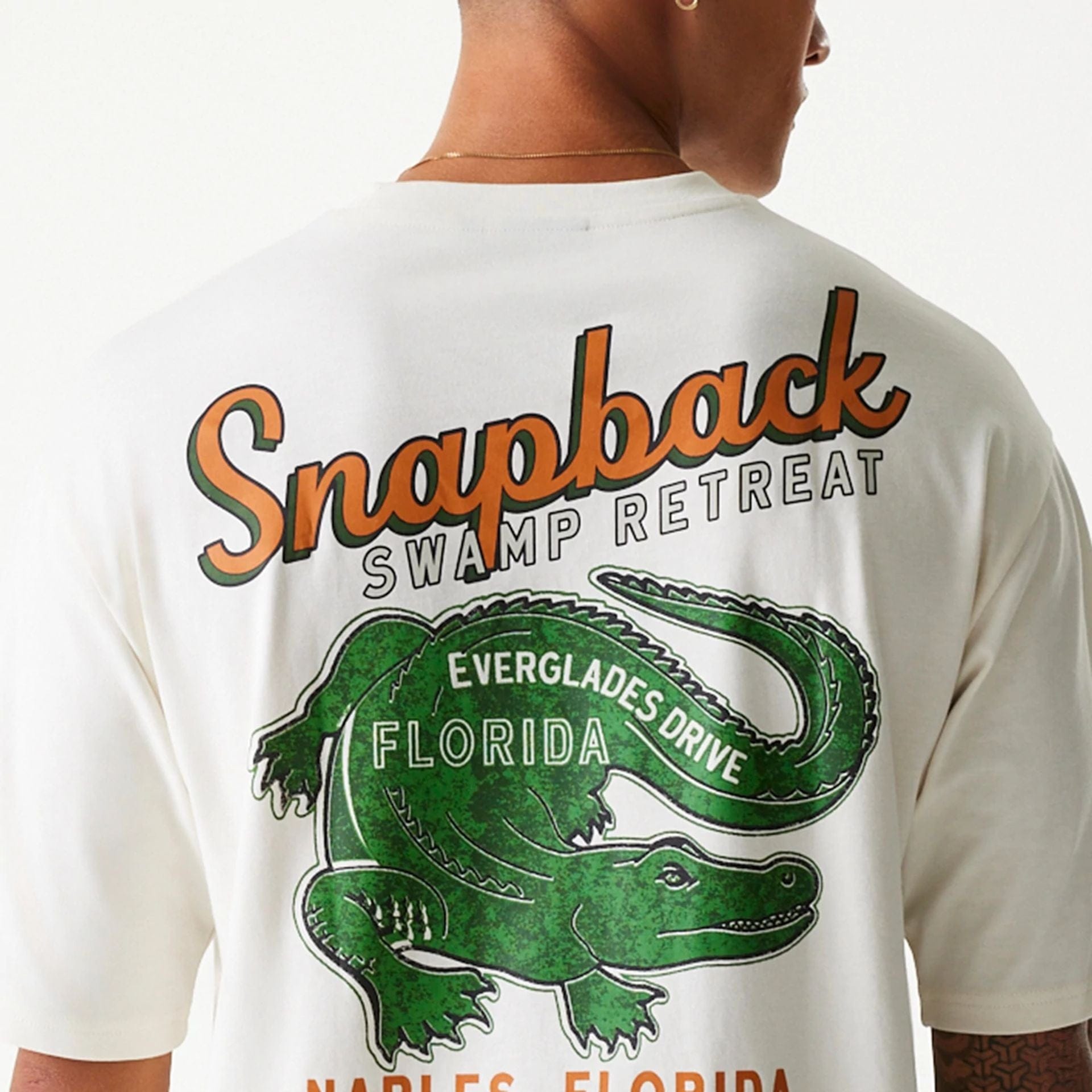 The Male model is wearing New Era Animal Graphic Open White Oversized T-Shirt 6