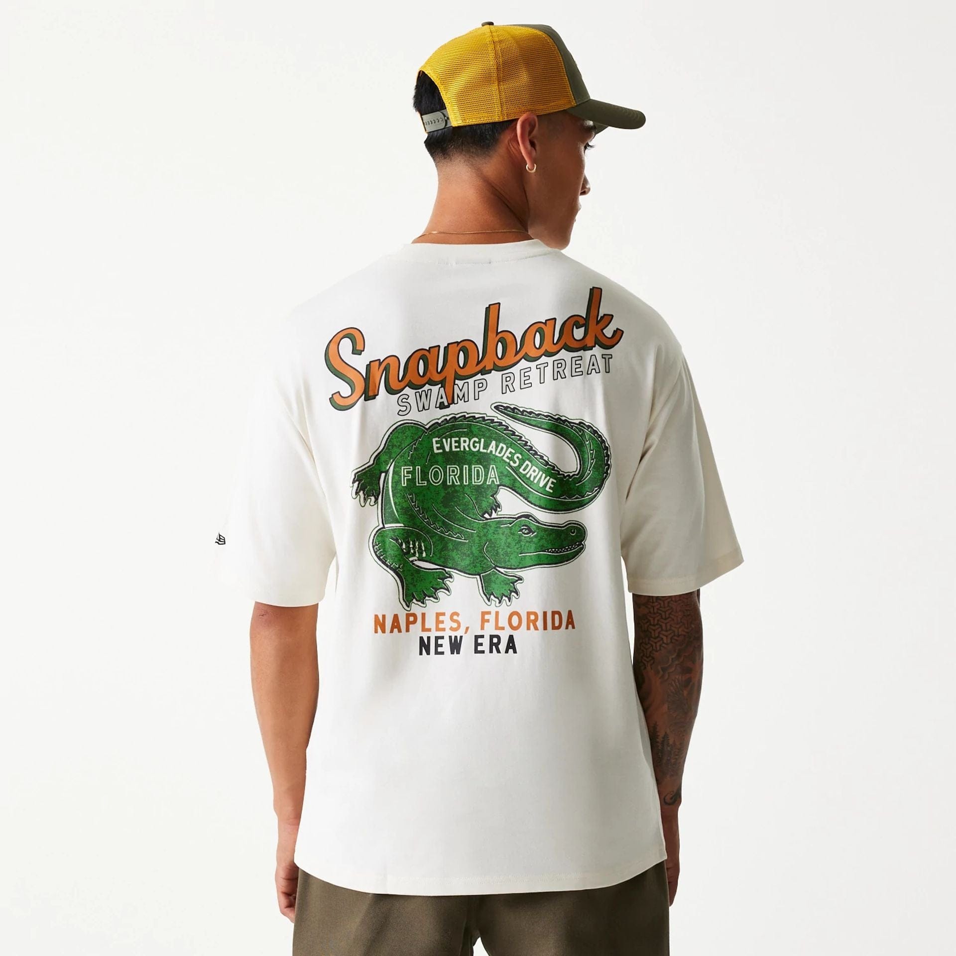 The Male model is wearing New Era Animal Graphic Open White Oversized T-Shirt 2