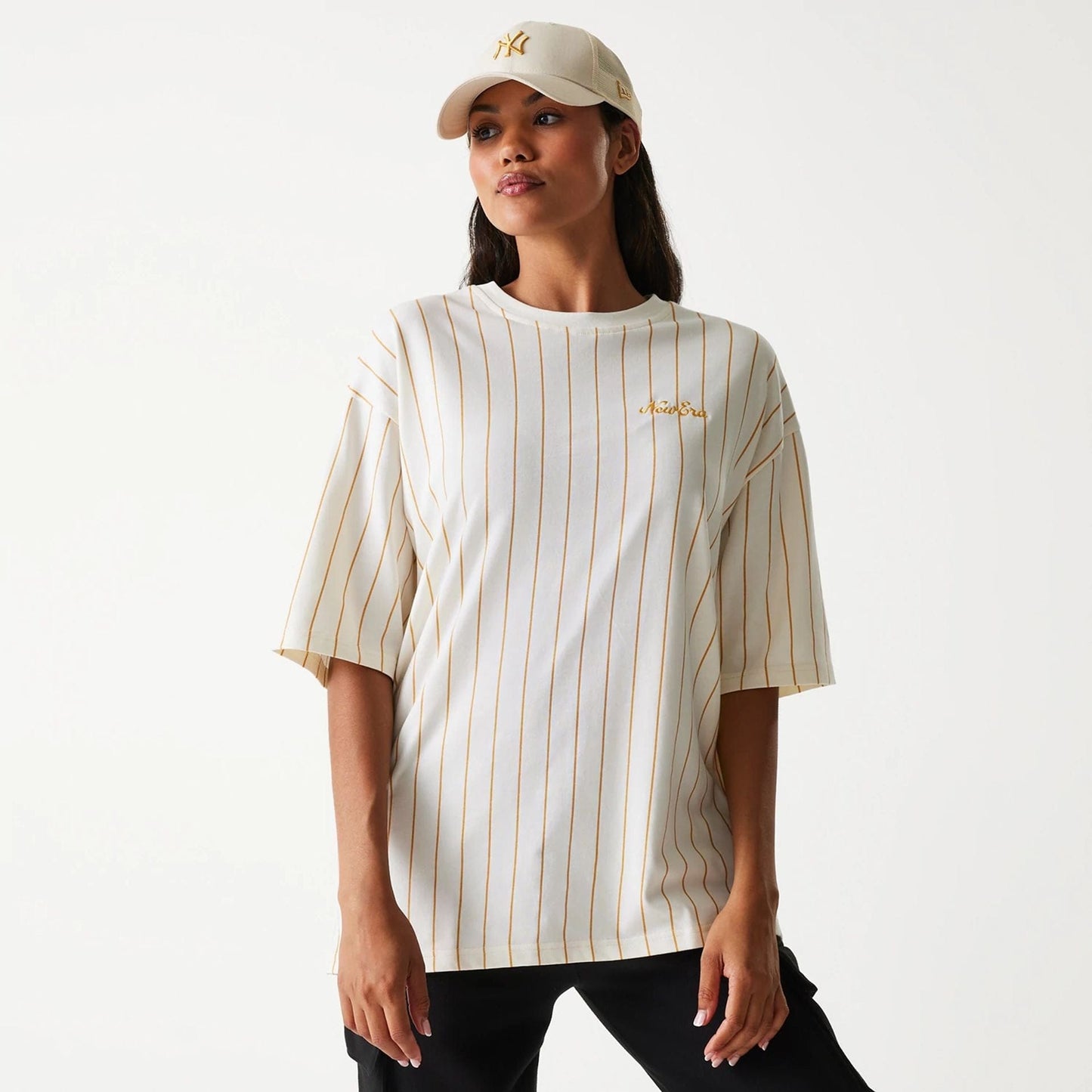The Male model is wearing New Era Pinstripe Open White Oversized T-Shirt 4