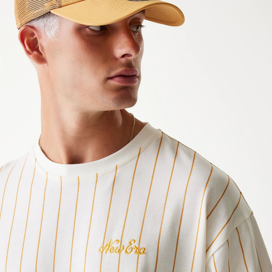 The Male model is wearing New Era Pinstripe Open White Oversized T-Shirt 6