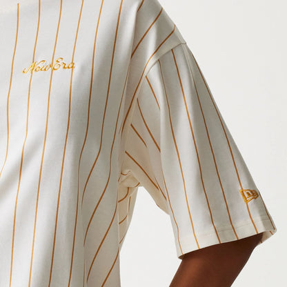 The Male model is wearing New Era Pinstripe Open White Oversized T-Shirt 7