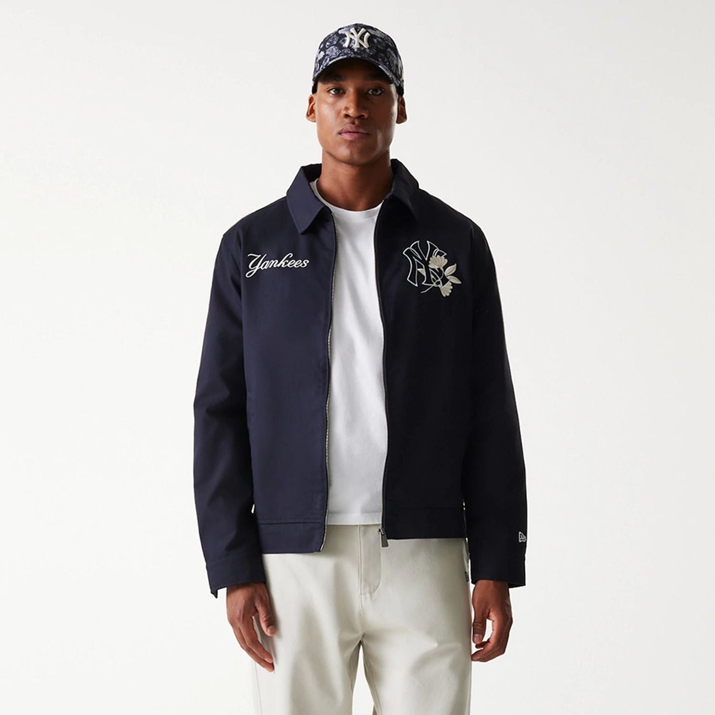 The Male model is wearing New York Yankees MLB Navy Collared Jacket 3
