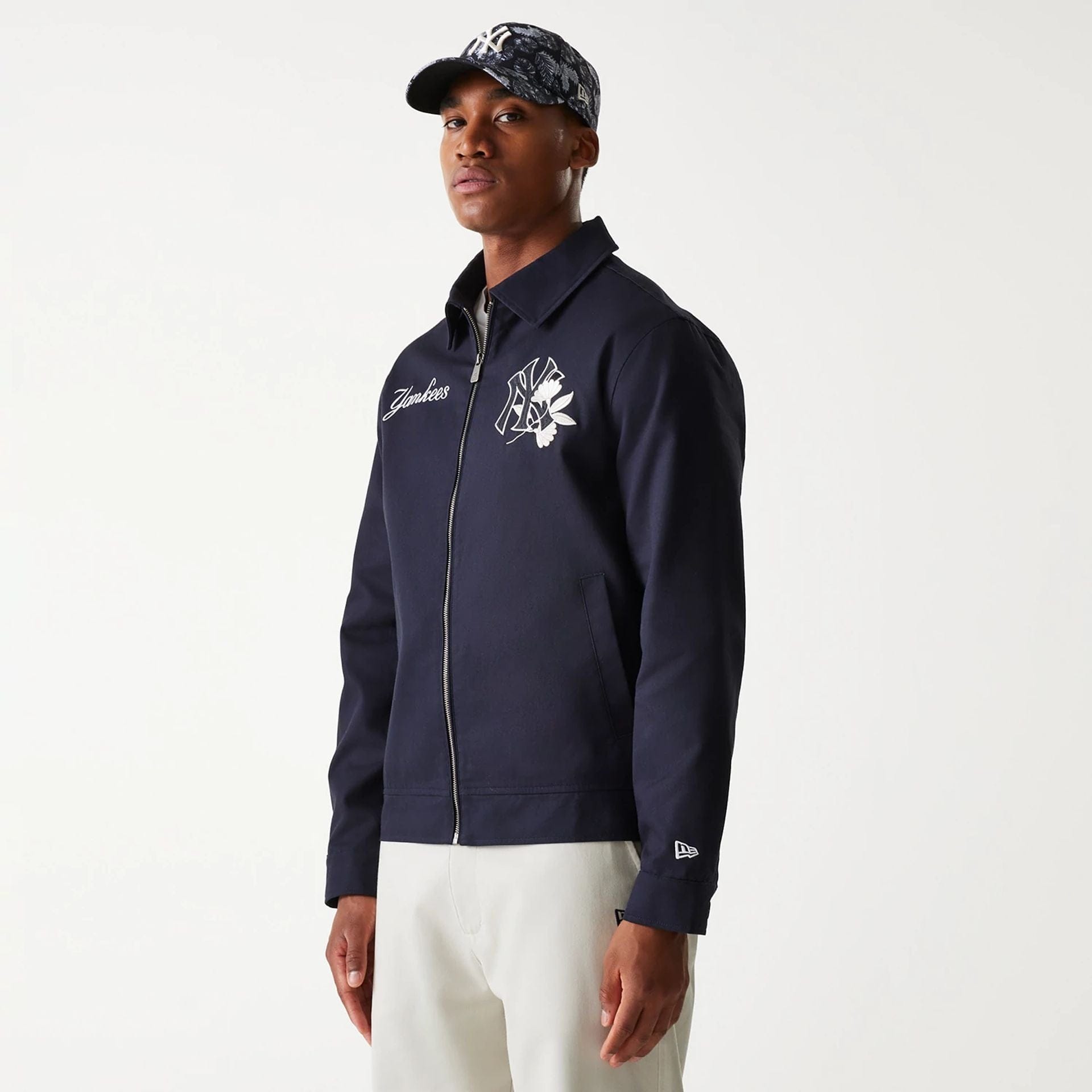 The Male model is wearing New York Yankees MLB Navy Collared Jacket 1