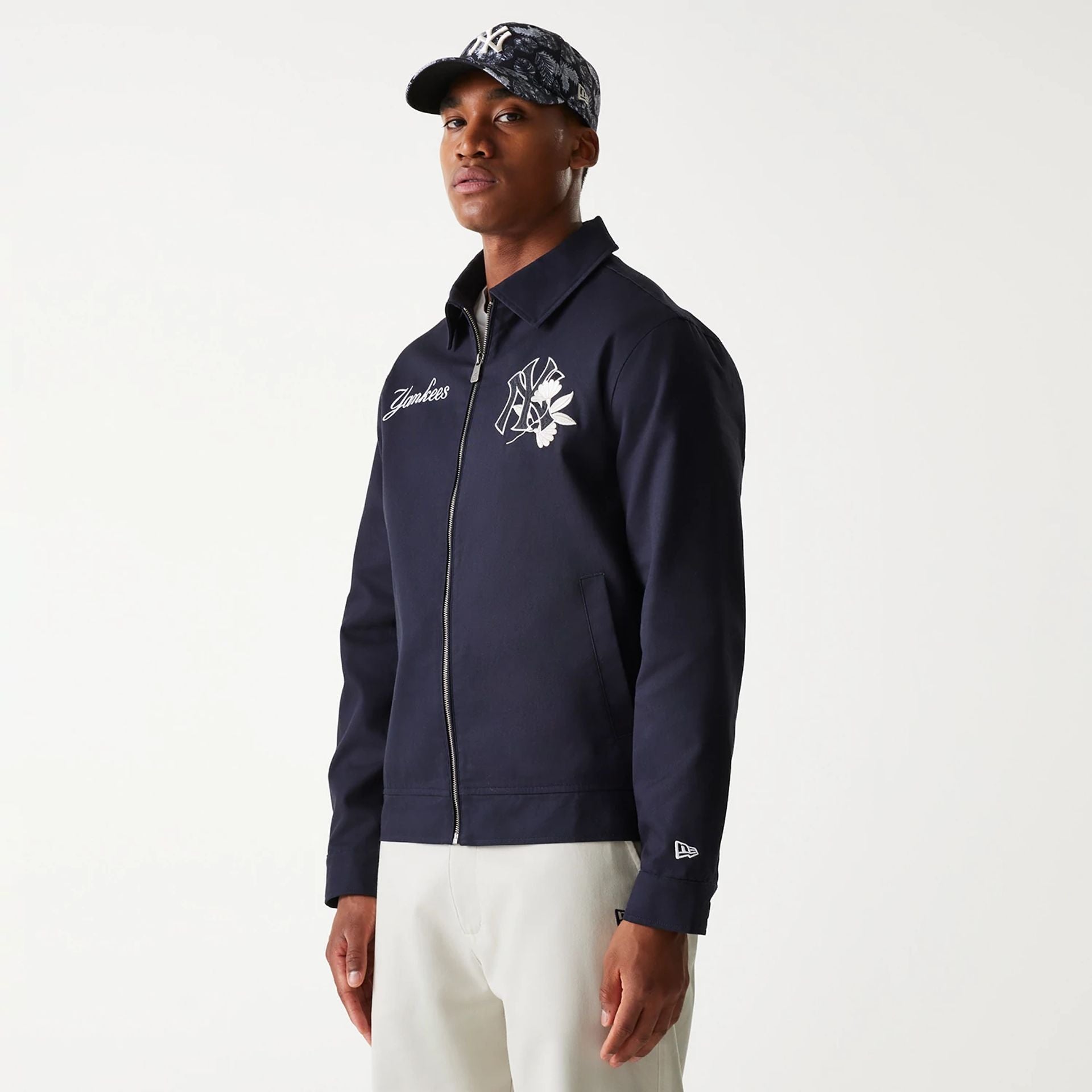 The Male model is wearing New York Yankees MLB Navy Collared Jacket 1