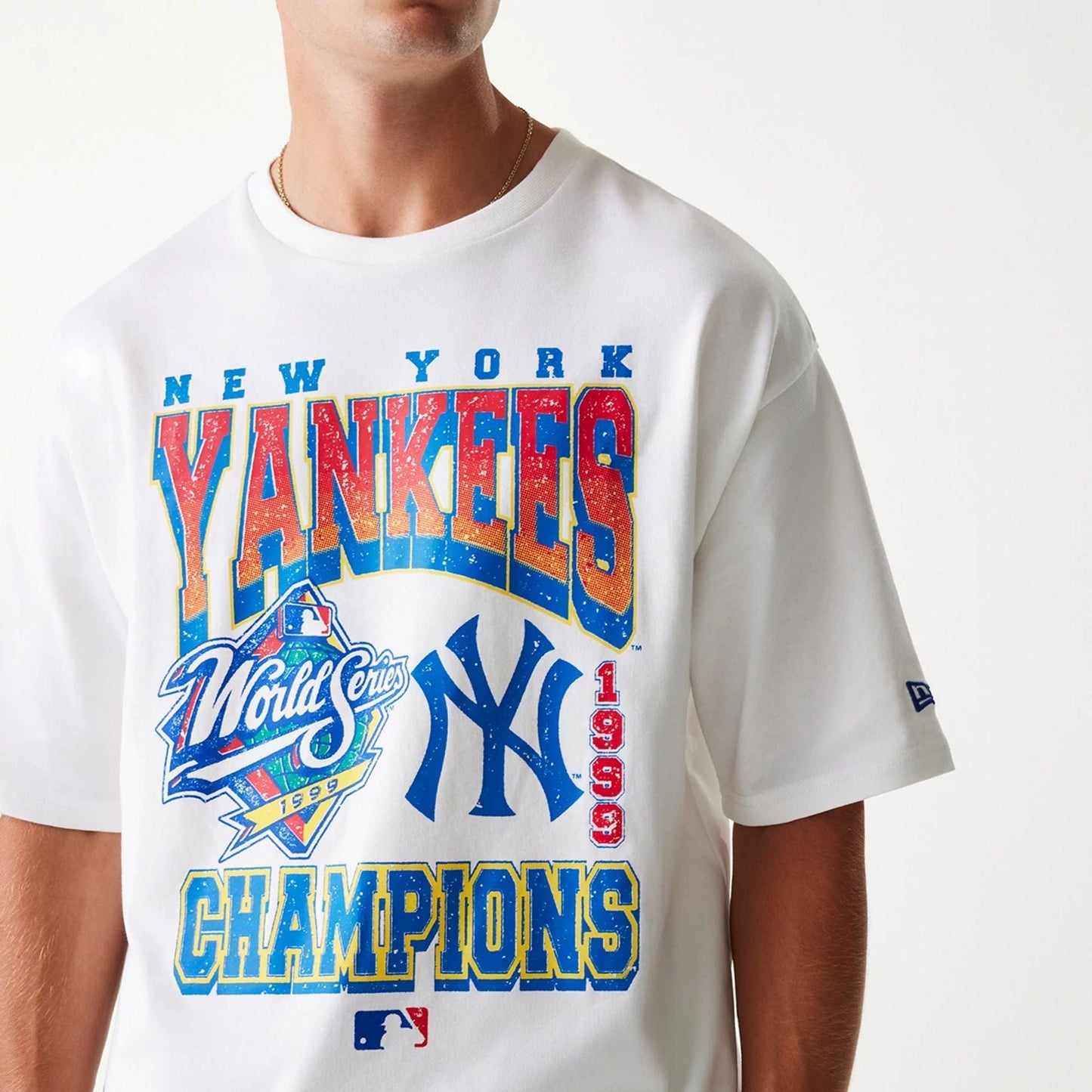 The Male model is wearing New York Yankees MLB World Series White Oversized T-Shirt 3