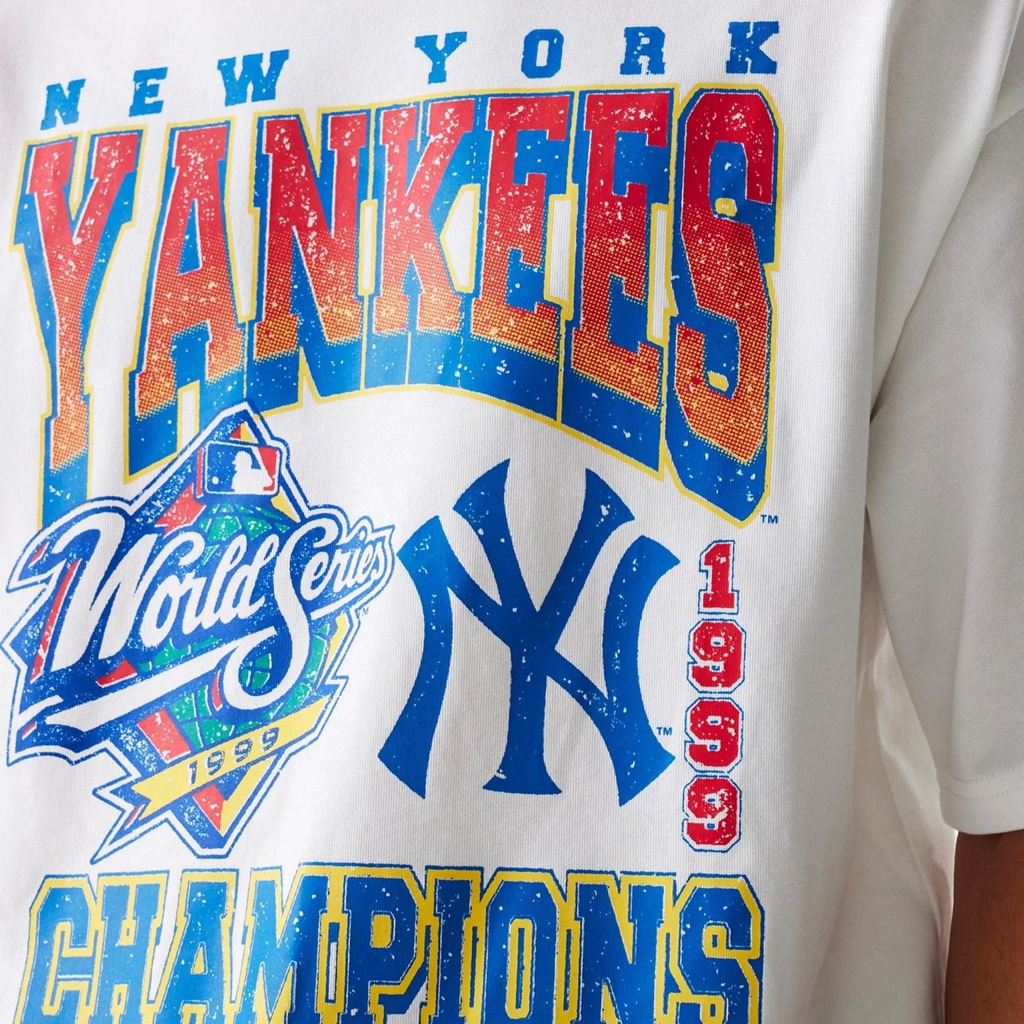The Male model is wearing New York Yankees MLB World Series White Oversized T-Shirt 6