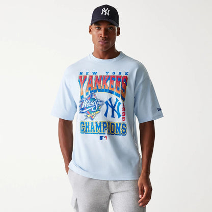 The Male model is wearing New York Yankees MLB World Series Pastel Blue Oversized T-Shirt 4