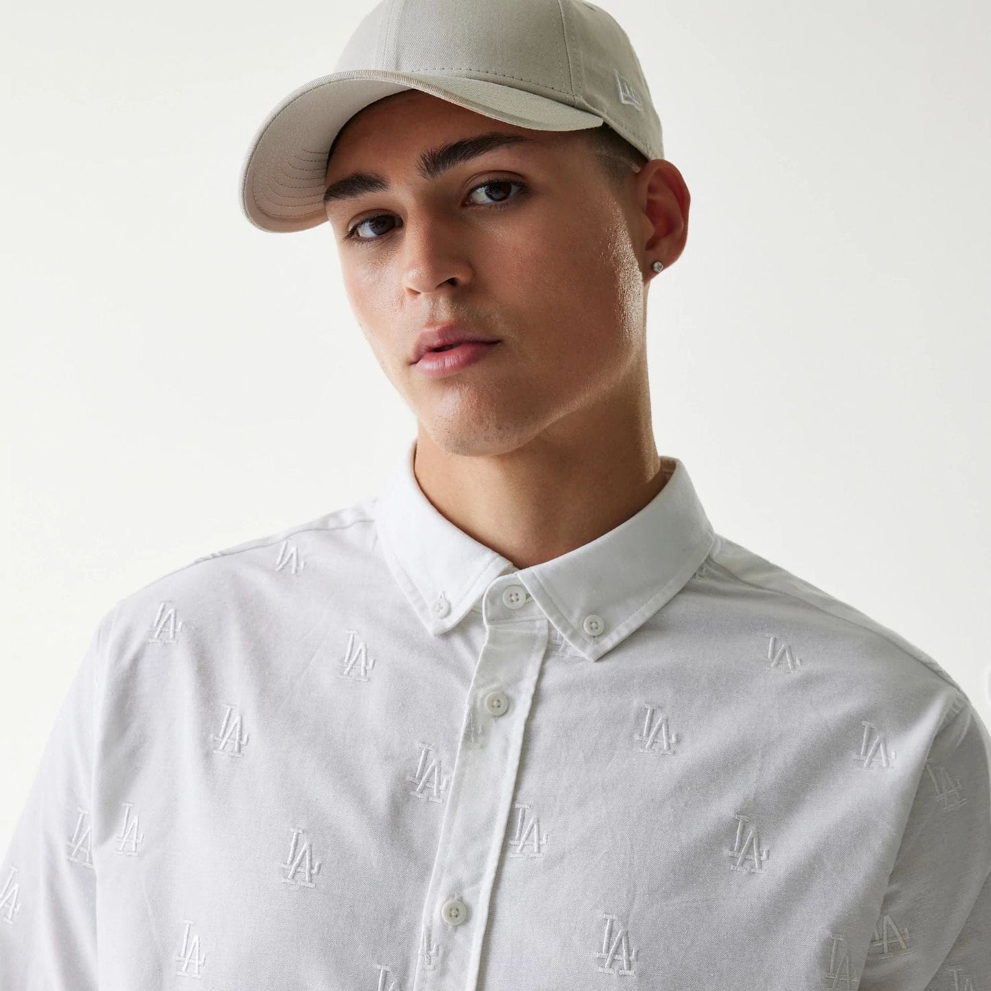 The Male model is wearing LA Dodgers MLB Monogram White Long Sleeve Shirt 2