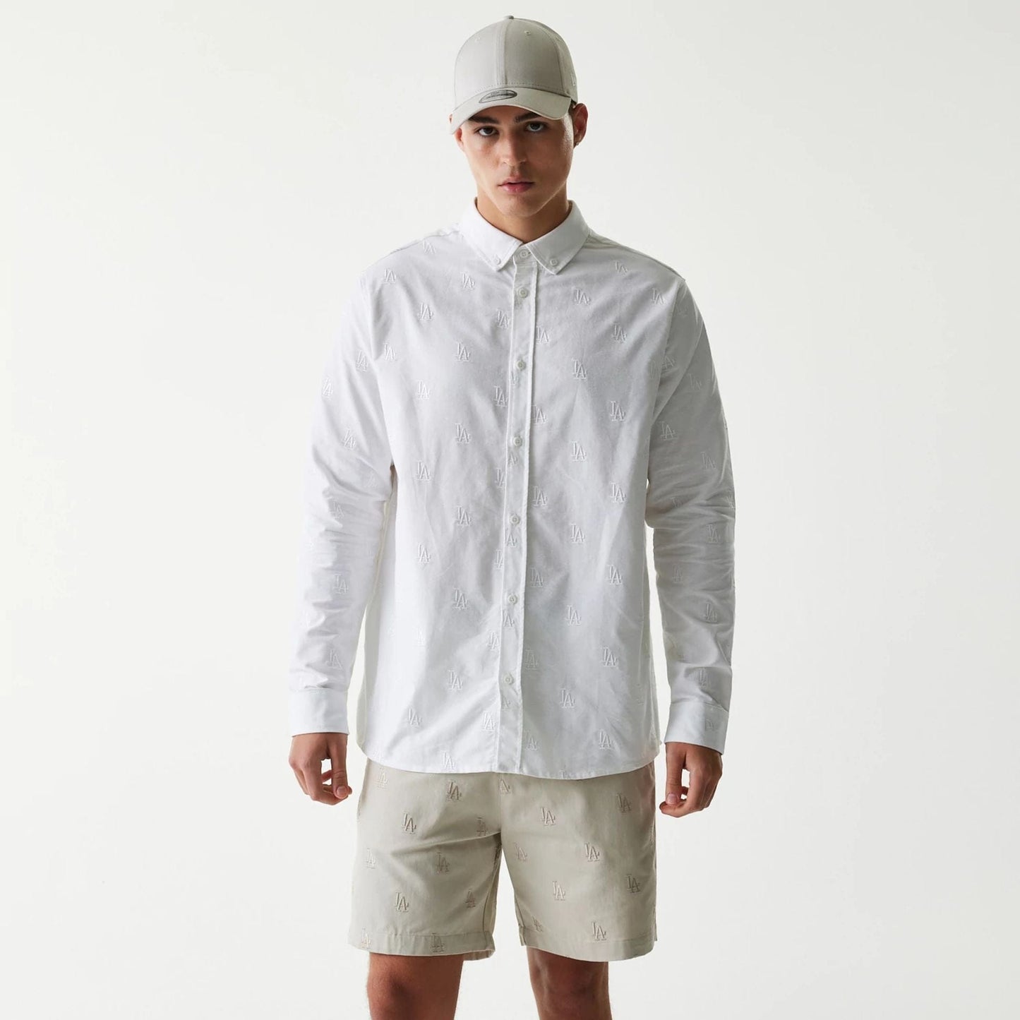 The Male model is wearing LA Dodgers MLB Monogram White Long Sleeve Shirt 1