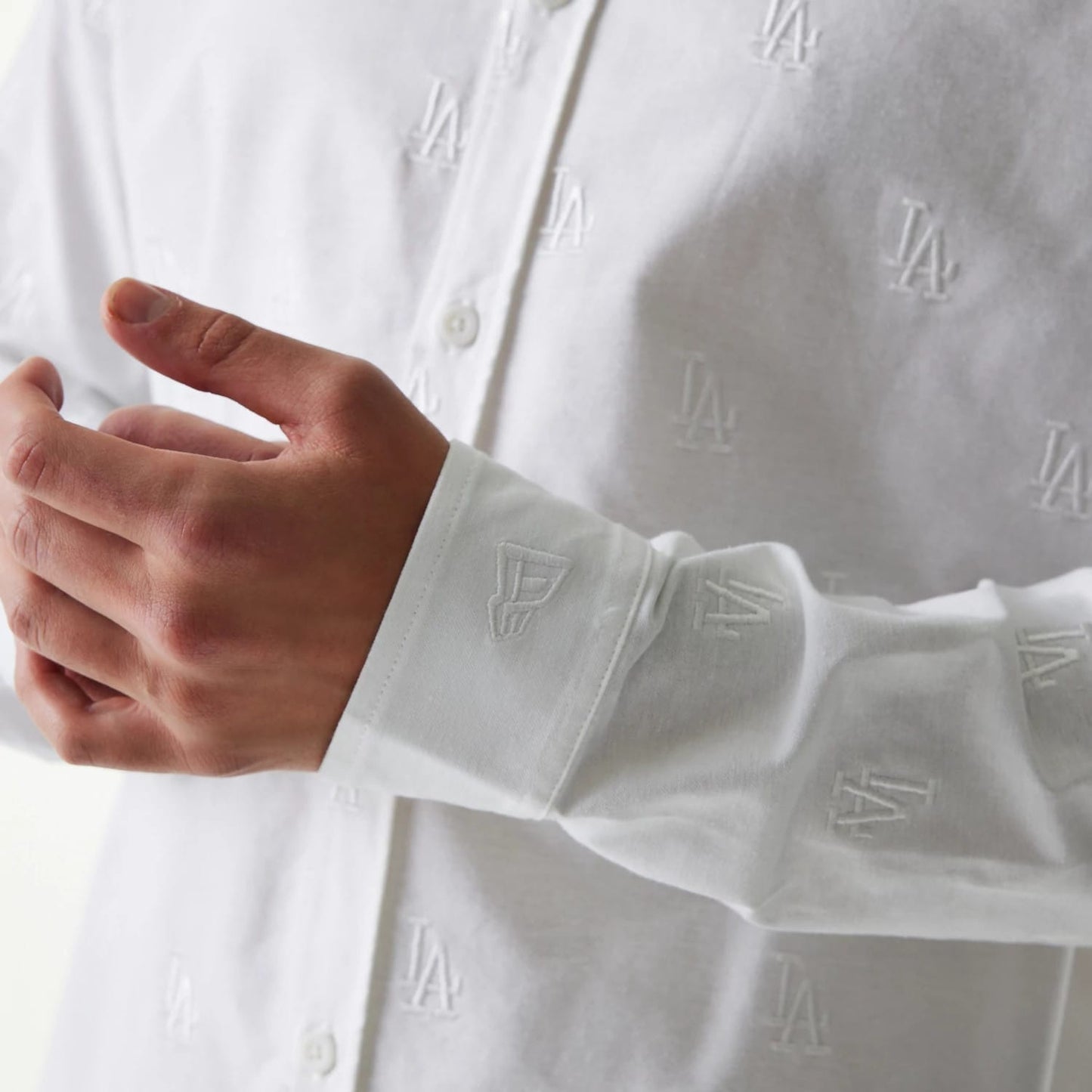 The Male model is wearing LA Dodgers MLB Monogram White Long Sleeve Shirt 4