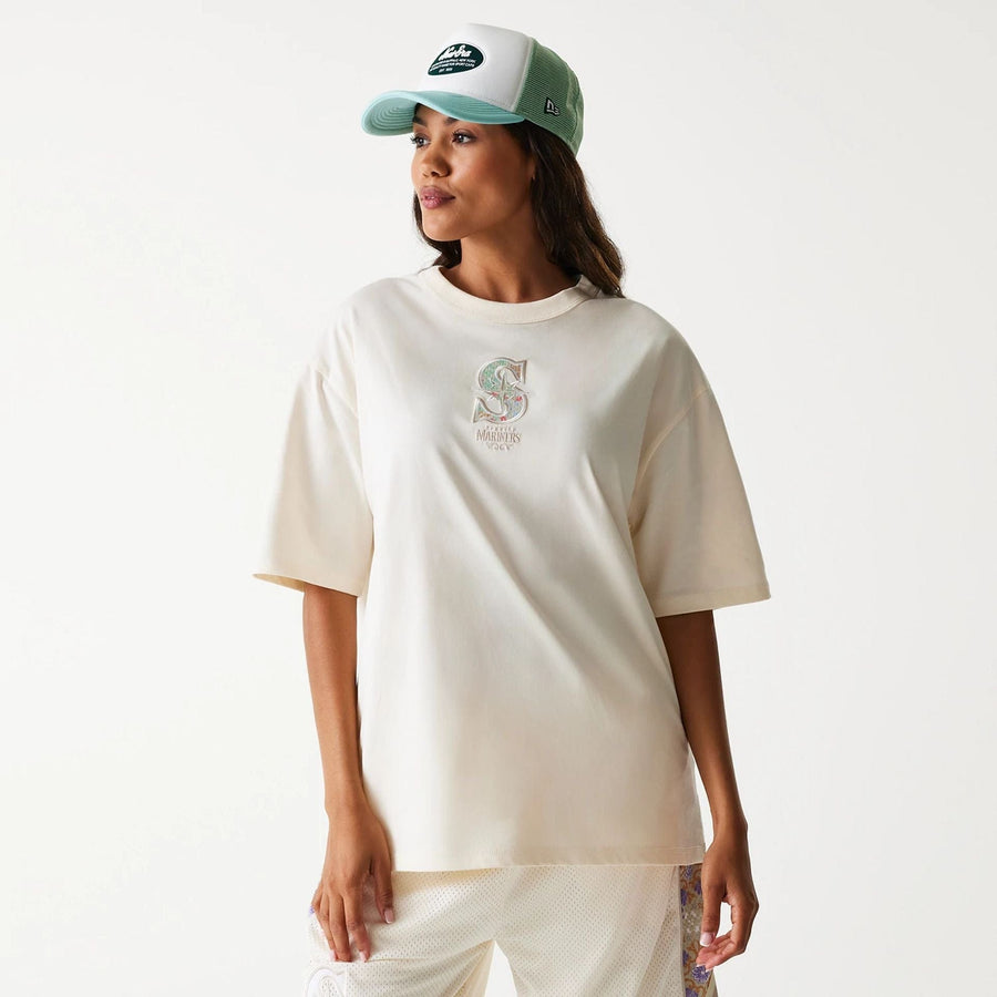 The Male model is wearing Seattle Mariners MLB Infill Open White Oversized T-Shirt 3