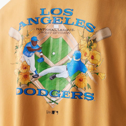 The Male model is wearing LA Dodgers MLB Graphic Beige Revere Short Sleeve Shirt 4