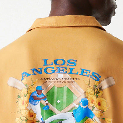 The Male model is wearing LA Dodgers MLB Graphic Beige Revere Short Sleeve Shirt 7