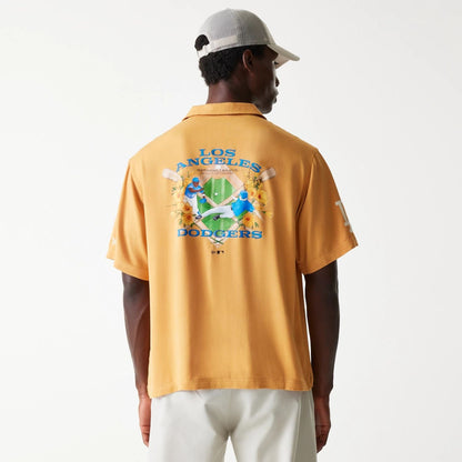 The Male model is wearing LA Dodgers MLB Graphic Beige Revere Short Sleeve Shirt 2