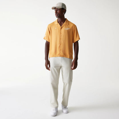 The Male model is wearing LA Dodgers MLB Graphic Beige Revere Short Sleeve Shirt 8